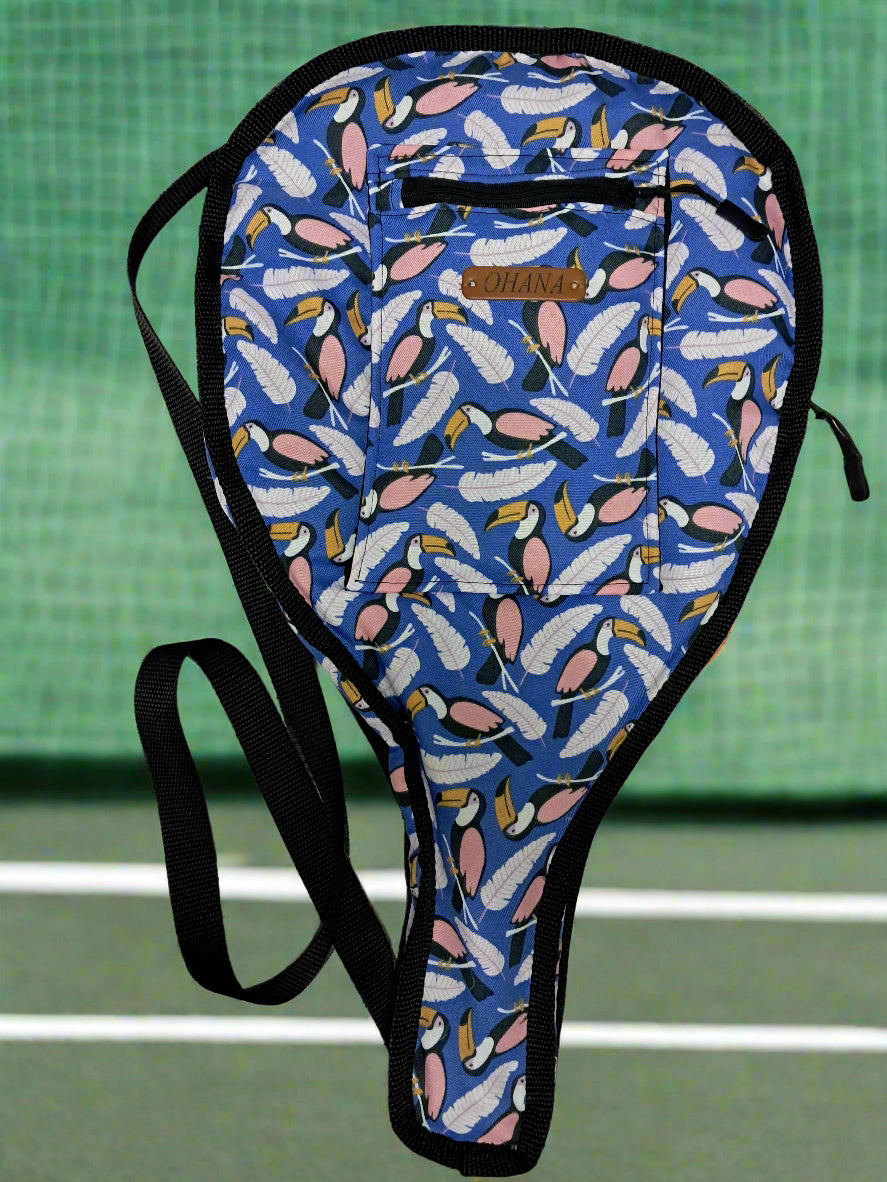 Blue padel bat cover with colorful feather patternr